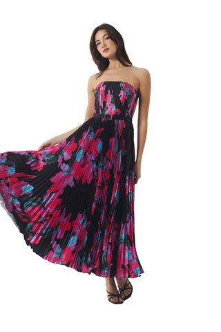 Hutch Merrick Dress in black and pink featuring a strapless bodice, vibrant floral print, and flowing maxi skirt.