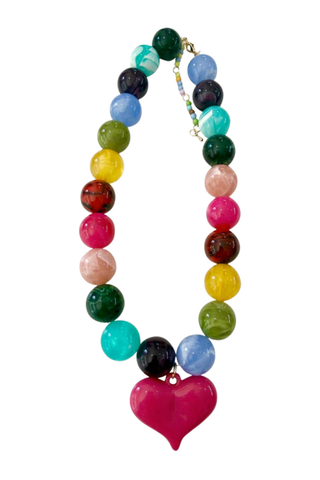 Gemelli Ella Beaded Necklace in Multi featuring colorful assorted beads and a pink heart pendant.
