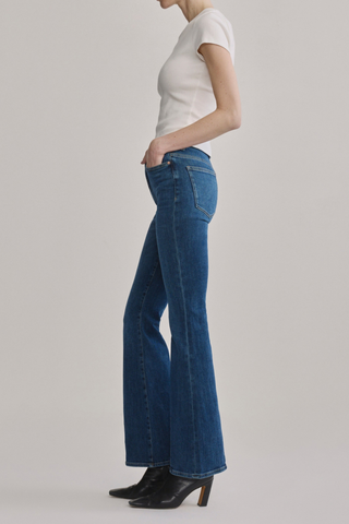 DL1961 Bridget Boot Jean in Night Diner featuring a high-rise bootcut fit, mid-blue wash, and subtle whisker detailing.