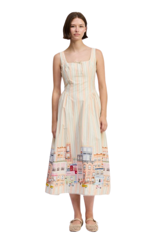 Athena Midi Dress pink and white striped midi dress with cityscape print hem from En Saison
