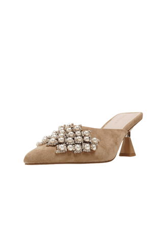 Cecelia New York Joice Pearl Heel in Sand with suede pointed toe, pearl and crystal embellishments, open mule back, and sculptural heel.