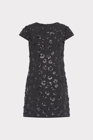 Milly Pat Sequin Mini Dress in Black featuring floral sequin embellishments, a notched V-neckline, short sleeves, and a shift silhouette.