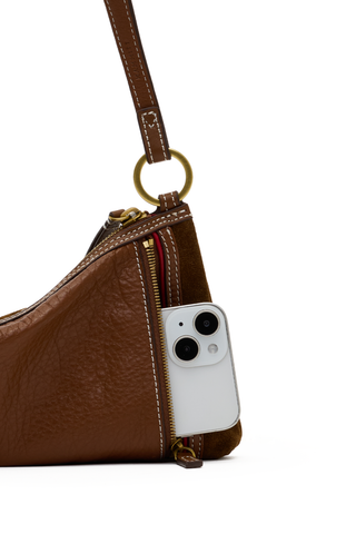Hammitt Kyle Handbag in Cinnamon Suede with antique gold hardware and brown leather trim, featuring convertible wristlet, shoulder, and crossbody styling.