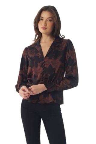 Hutch Cain Top in Brown and Black featuring an allover floral print, draped neckline, and relaxed long-sleeve silhouette.