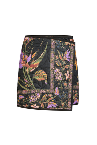 Orca Reversible Skirt in Nightshade featuring a quilted floral print, asymmetrical wrap front, and mini silhouette.