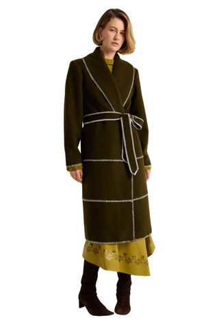 Chloe Coat in Juniper Green featuring a long wool wrap silhouette, oversized shawl collar, contrast stitching, and self-tie belt.