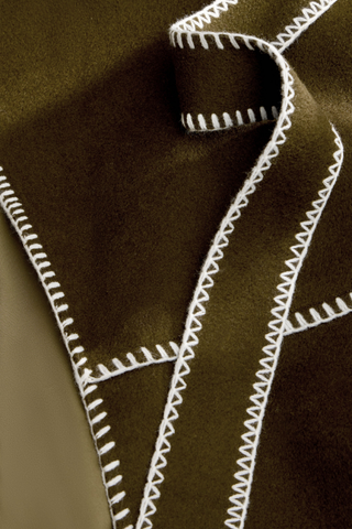 Chloe Coat in Juniper Green featuring a long wool wrap silhouette, oversized shawl collar, contrast stitching, and self-tie belt.