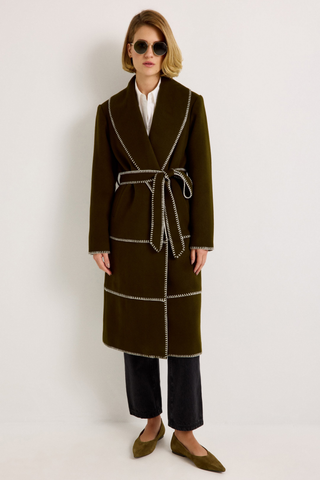 Chloe Coat in Juniper Green featuring a long wool wrap silhouette, oversized shawl collar, contrast stitching, and self-tie belt.