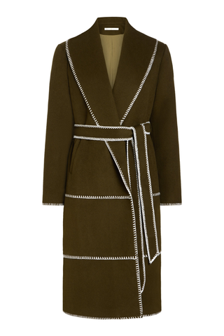 Chloe Coat in Juniper Green featuring a long wool wrap silhouette, oversized shawl collar, contrast stitching, and self-tie belt.
