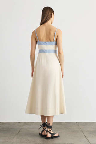 Madden Dress cream midi dress with powder blue panel detail and thin straps from Tanya Taylor