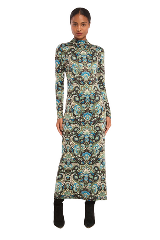 Misa Mitra Dress in Reflective Chintz featuring an ornate teal printed stretch jersey, fitted long sleeves, and bodycon maxi silhouette.
