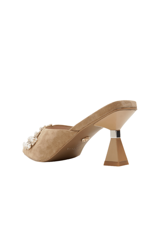 Cecelia New York Joice Pearl Heel in Sand with suede pointed toe, pearl and crystal embellishments, open mule back, and sculptural heel.