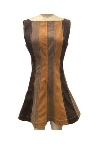 Love the Label Brinnie Mini Dress in Brown Paneled Denim featuring tonal brown colorblocking, a fitted bodice, and flared mini skirt.