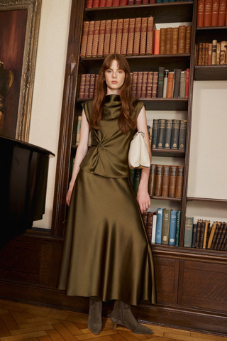 Tanya Taylor Beth Skirt in Fern olive green satin crepe with a flowing bias-cut A-line midi silhouette.