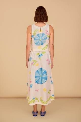 Floral midi skirt with blue and pink painted print and elastic waistband styled with matching sleeveless top