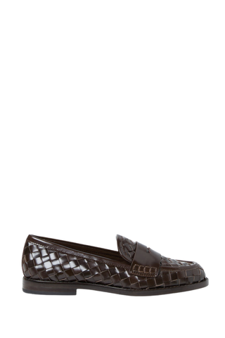 Loeffler Randall Rachel Woven Loafer in espresso brown woven Italian leather with a round toe and low stacked heel.