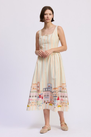 Athena Midi Dress pink and white striped midi dress with cityscape print hem from En Saison