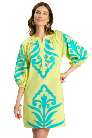 Tyler Böe Sara applique dress in lime green with textured detailing and relaxed silhouette