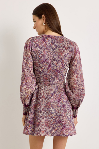 Marie Oliver Hughes Dress in Wisteria featuring a purple paisley print, long sleeves, patch pockets, and optional waist belt.