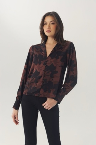 Hutch Cain Top in Brown and Black featuring an allover floral print, draped neckline, and relaxed long-sleeve silhouette.