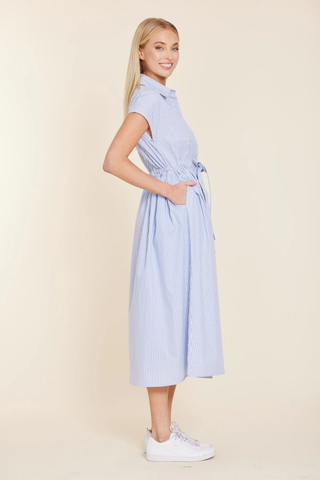Poplin Belted Shirt Midi Dress, Blue Stripe