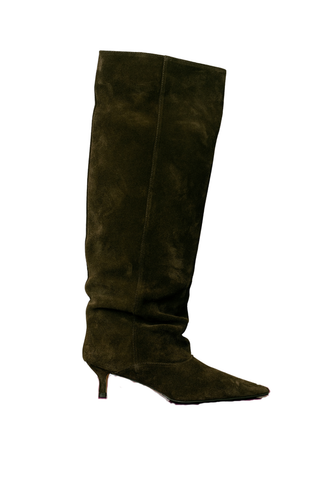 Bibi Lou Peggy Kitten Heel Boot in Marron featuring a knee-high brown silhouette, pointed toe, and slim kitten heel.