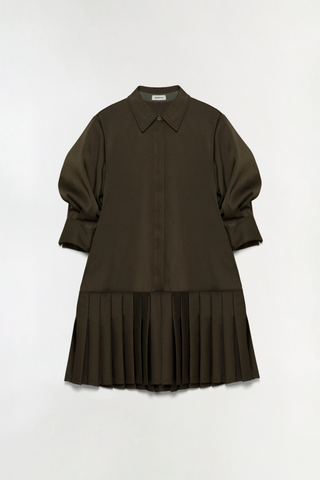 SIMKHAI Regina Mini Dress in dark olive featuring a pointed collar, short puff sleeves, concealed button front, and pleated mini hem.