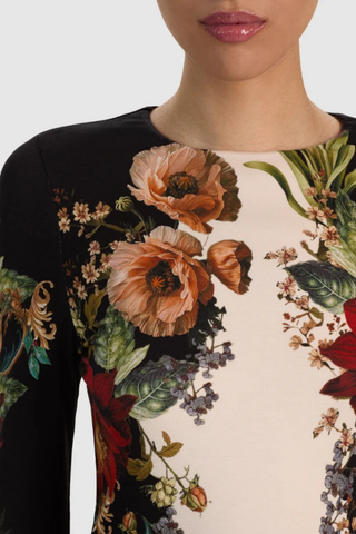 Alice + Olivia Delora Midi Dress in Floral Radiance featuring a multicolor floral print, long sleeves, and fitted midi silhouette.