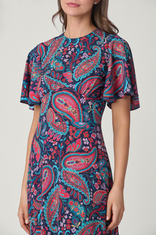 Shoshanna Mallie Dress in Multi featuring a vibrant paisley print, flutter sleeves, fitted bodice, and flowing asymmetrical hem.