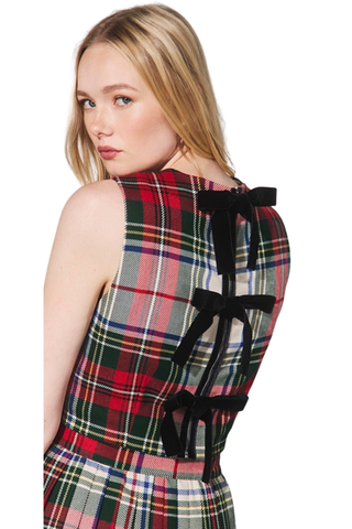 Hunter Bell Royce Top in Kensington Plaid Crimson featuring a cropped sleeveless silhouette, multicolor plaid pattern, and velvet bow details at the back.