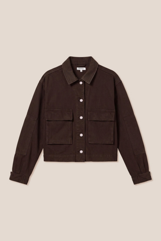 Z Supply Rey Cropped Chore Jacket in Umber featuring a brown cotton body, dark faux leather collar, button front, and utility pockets.