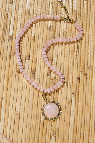 Mignonne Gavigan Semi Precious Odyssey Necklace in Pink featuring rose quartz beads and a removable compass charm.