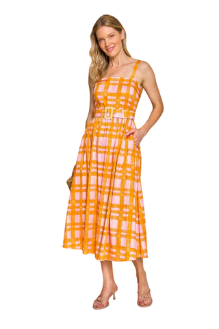 Sheridan French San Miguel Dress in orange and pink gingham with adjustable straps and belted waist
