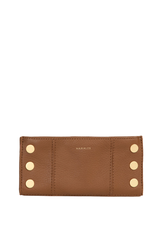 Hammitt 110 North Wallet in mahogany brown pebbled leather with brushed gold hardware and folding design.