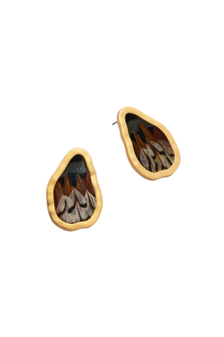 Brackish Keegan Stud Earrings featuring layered neutral pheasant, quail, and turkey feathers framed in softly hammered 18k gold plating.
