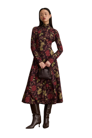 Tanya Taylor Thea Dress in Dark Fig Multi featuring a long-sleeve floral maxi silhouette in rich burgundy, green, and pink tones.