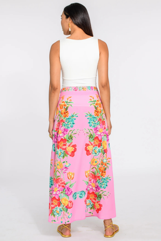 Pink floral A-line satin skirt with border print by Elizabeth James