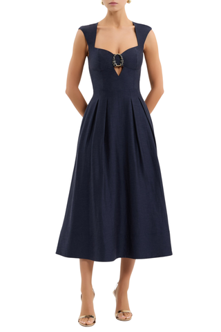 Rebecca Vallance Serenity Midi Dress in navy with sweetheart neckline, front cut out, cap sleeves, and full midi skirt