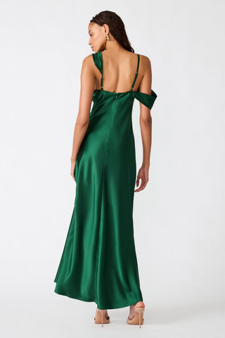 Steve Madden Analeia Dress in Winter Pine green featuring an asymmetrical off-the-shoulder neckline and floor-length fitted silhouette.