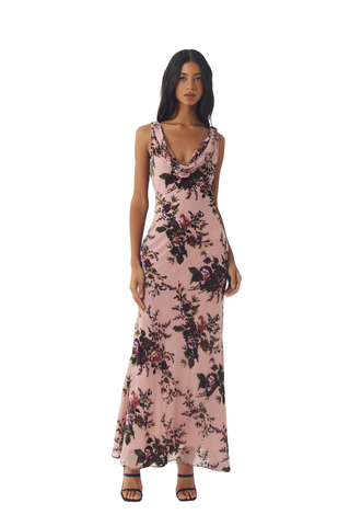 Blush floral sleeveless maxi dress with a flattering bias-cut silhouette.