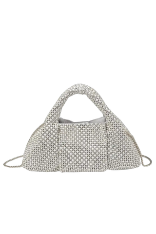Rue Aveline Renata pearl silver evening bag with rhinestones top handle and chain strap