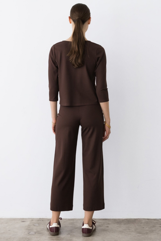 Ripley Rader 3/4 Sleeve Top in Chocolate featuring a rich brown ponte knit, square-cut silhouette, and three-quarter sleeves.
