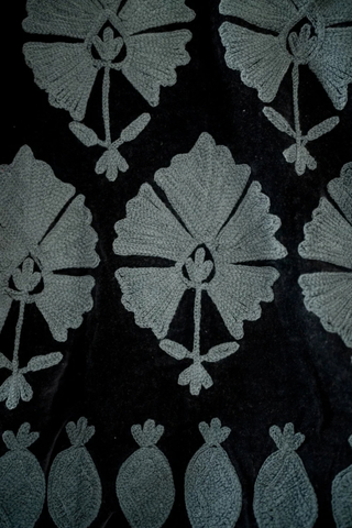 Eleanor James Brand Sgt. Pepper Crew Jacket in Black Betty featuring black velvet with tonal charcoal Suzani embroidery.