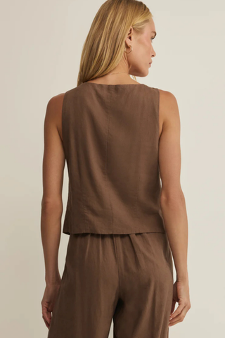 Z Supply Roman Linen Vest in Palo Santo featuring a sleeveless silhouette, button-front detail, and lightweight washed linen blend fabric