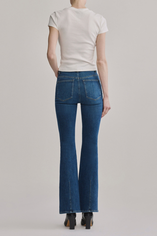 DL1961 Bridget Boot Jean in Night Diner featuring a high-rise bootcut fit, mid-blue wash, and subtle whisker detailing.