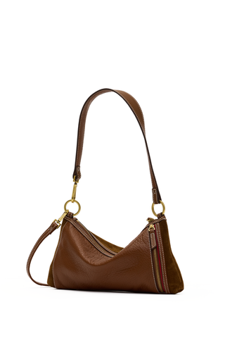 Hammitt Kyle Handbag in Cinnamon Suede with antique gold hardware and brown leather trim, featuring convertible wristlet, shoulder, and crossbody styling.
