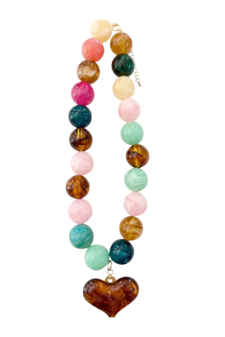 Gemelli Ella Beaded Necklace in Pink featuring assorted pastel and multicolor beads with a heart pendant.