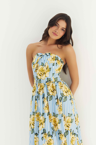 blue and yellow floral midi dress SUNNY DAYDREAM WOVEN MIDI DRESS IVORY BLUE / S