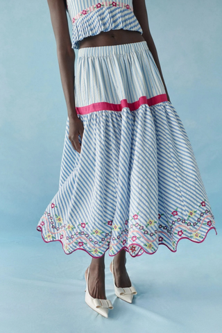 Celia B Rambai Skirt Blue Stripes striped midi skirt with embroidered scalloped hem Monkee's of the West End