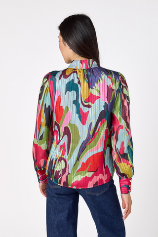 Crosby Leland Blouse in Life Of The Party featuring a colorful abstract print, collared neckline, button front, and long sleeves.